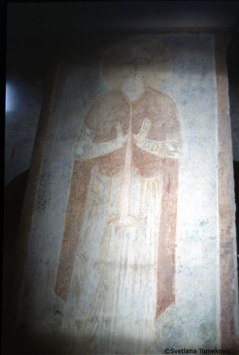 Fresco, south aisle, north wall, third pilaster, first register, showing Saint?