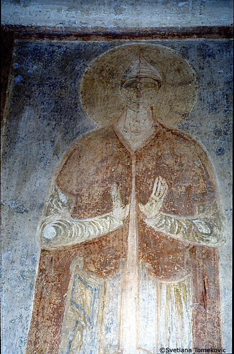 Fresco, south aisle, north wall, third pilaster, first register, showing Saint?
