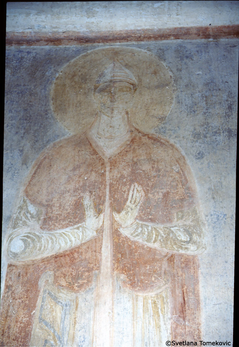 Fresco, south aisle, north wall, third pilaster, first register, showing Saint?