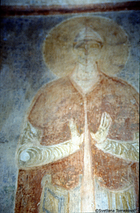 Fresco, south aisle, north wall, third pilaster, first register, showing Saint?