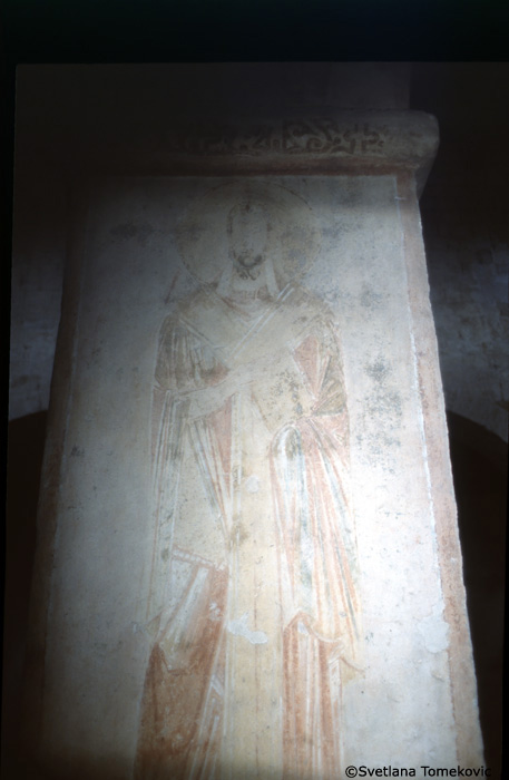 Fresco, south aisle, north wall, fourth pilaster, first register, showing Saint?