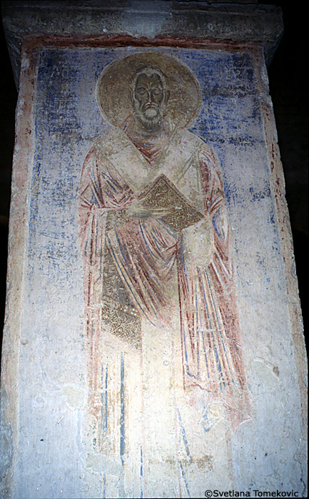 Fresco, south aisle, north wall, fifth pilaster, first register, showing Blasius of Sebaste (detail)