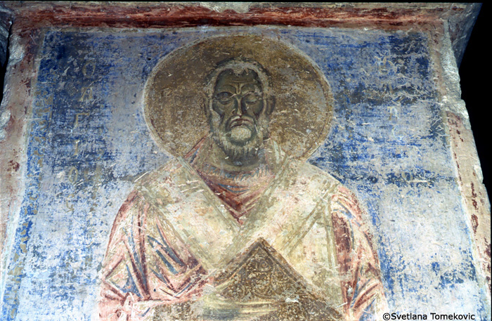 Fresco, south aisle, north wall, fifth pilaster, first register, showing Blasius of Sebaste (detail)