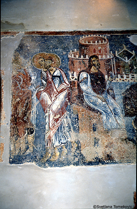 Fresco, south aisle, south wall, west end, second register, top scene, showing Simon and Jude