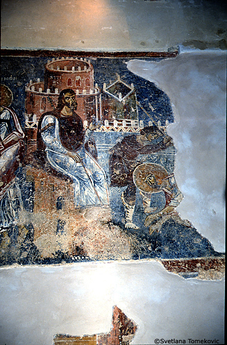 Fresco, south aisle, south wall, west end, second register, top scene, showing Simon and Jude