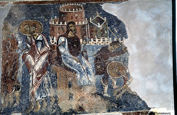 Fresco, south aisle, south wall, west end, second register, top scene, showing Simon and Jude
