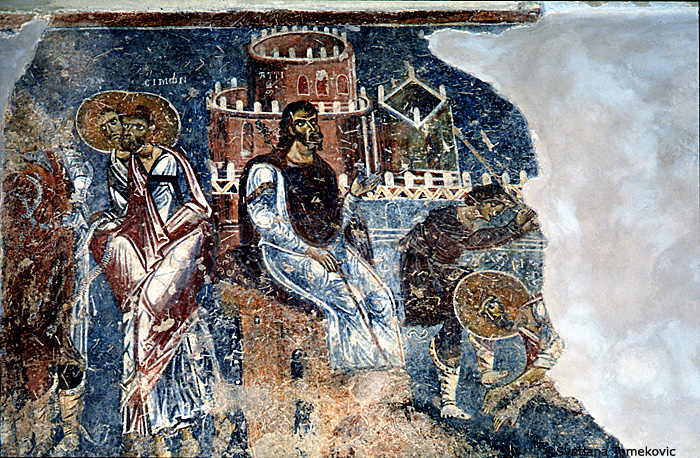 Fresco, south aisle, south wall, west end, second register, top scene, showing Simon and Jude