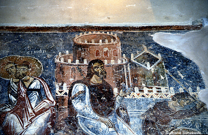 Fresco, south aisle, south wall, west end, second register, top scene, showing Simon and Jude (detail)