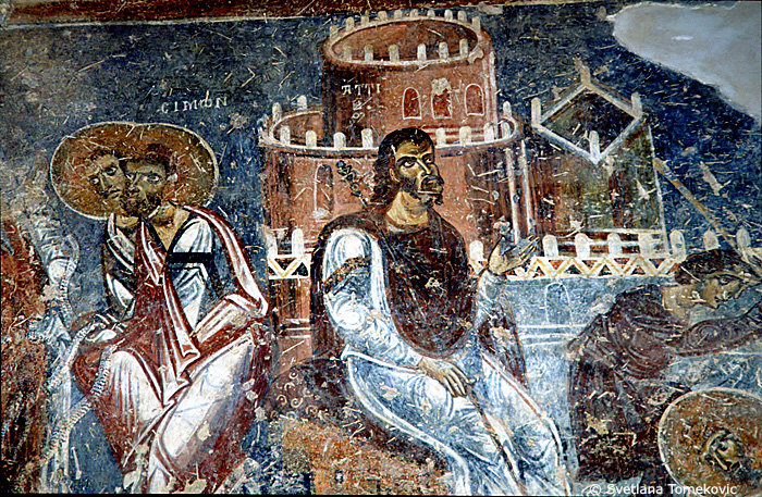 Fresco, south aisle, south wall, west end, second register, top scene, showing Simon and Jude (detail)