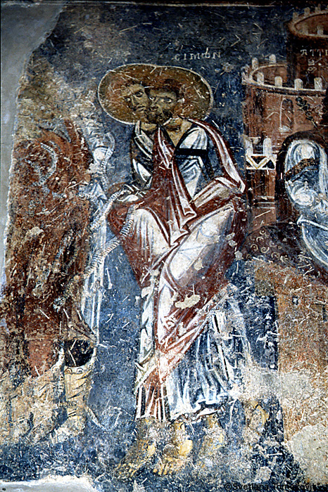 Fresco, south aisle, south wall, west end, second register, top scene, showing Simon and Jude (detail)