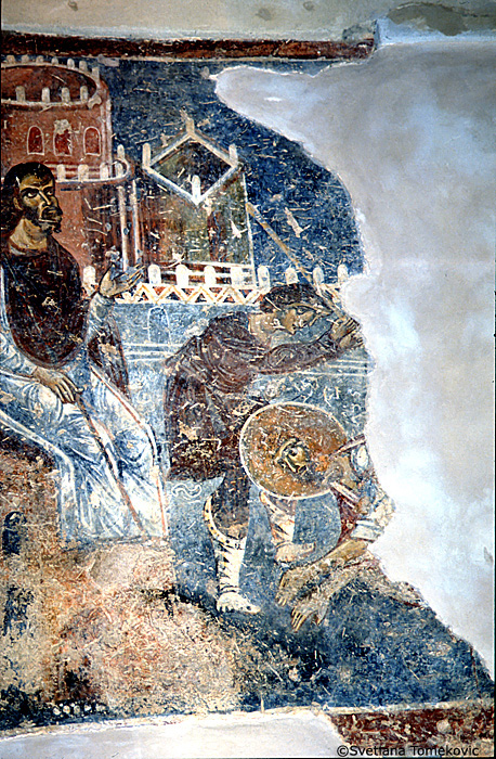 Fresco, south aisle, south wall, west end, second register, top scene, showing Simon and Jude (detail)