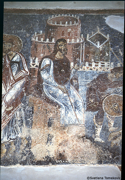 Fresco, south aisle, south wall, west end, second register, top scene, showing Simon and Jude (detail)