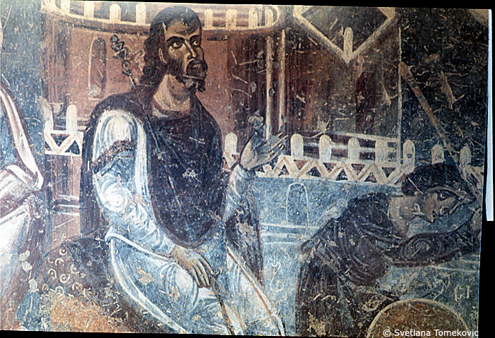 Fresco, south aisle, south wall, west end, second register, top scene, showing Simon and Jude (detail)