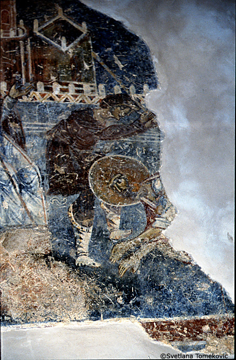 Fresco, south aisle, south wall, west end, second register, top scene, showing Simon and Jude (detail)