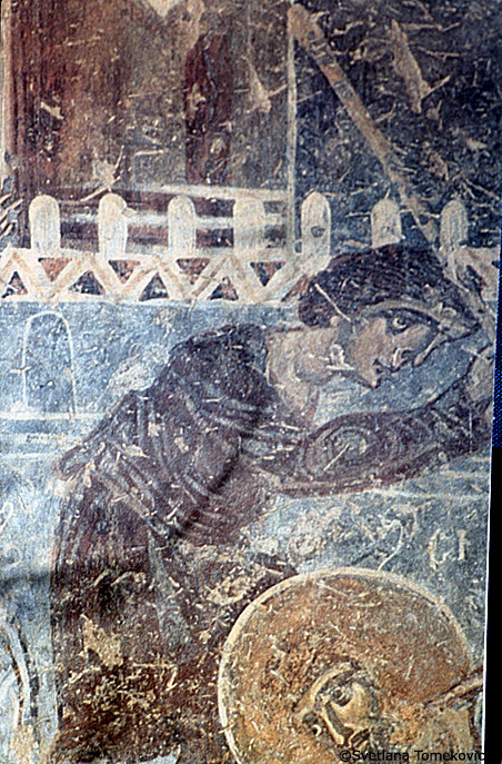 Fresco, south aisle, south wall, west end, second register, top scene, showing Simon and Jude (detail)