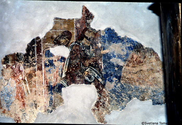 Fresco, south aisle, south wall, west end, scene below and to the right of the first register, below Simon and Jude