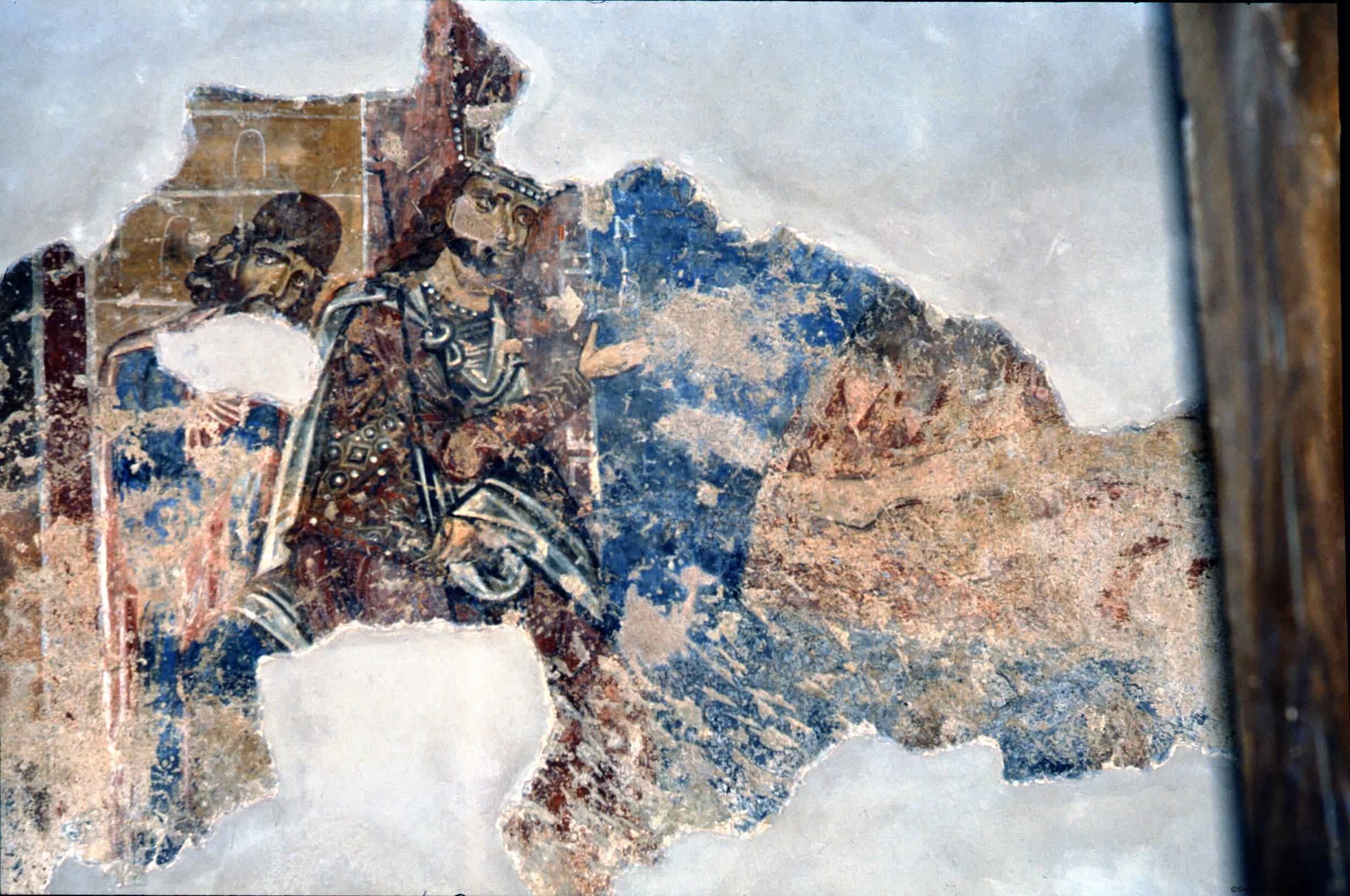 Fresco, south aisle, south wall, west end, scene below and to the right of the first register, below Simon and Jude