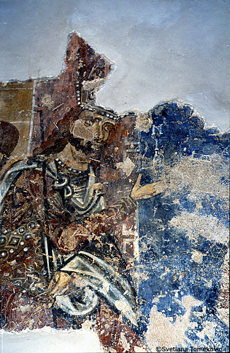 Fresco, south aisle, south wall, west end, scene below and to the right of the first register, below Simon and Jude (detail)