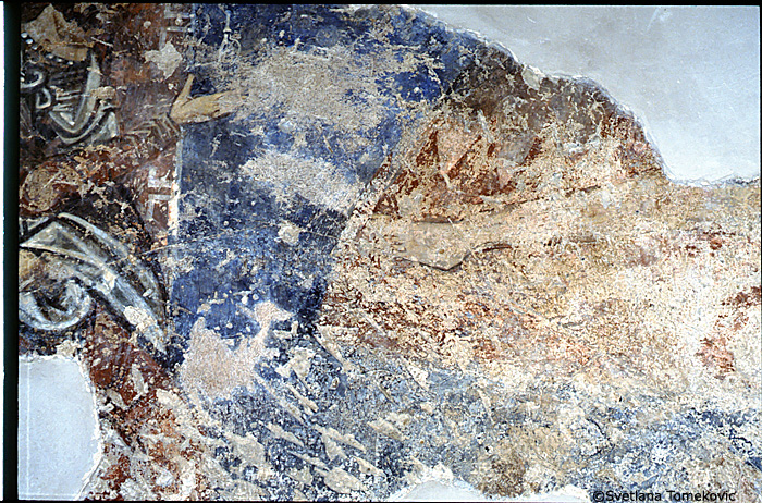 Fresco, south aisle, south wall, west end, scene below and to the right of the first register, below Simon and Jude (detail)