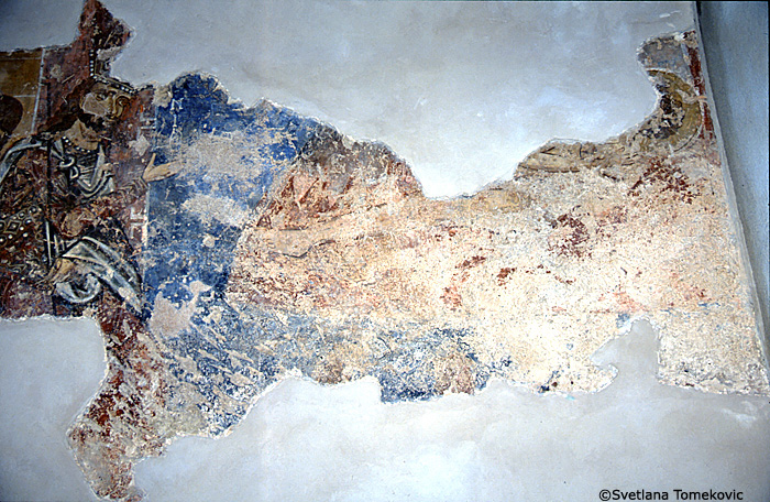Fresco, south aisle, south wall, west end, scene below and to the right of the first register, below Simon and Jude 
