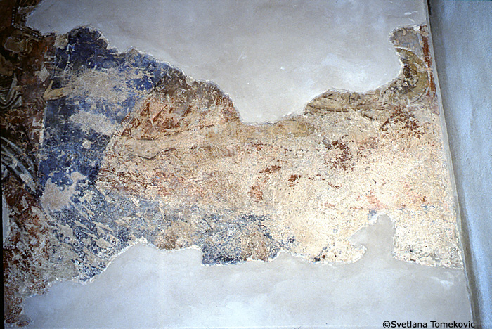 Fresco, south aisle, south wall, west end, scene below and to the right of the first register, below Simon and Jude (detail)