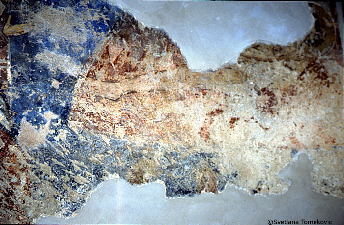 Fresco, south aisle, south wall, west end, scene below and to the right of the first register, below Simon and Jude (detail)