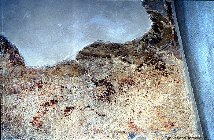 Fresco, south aisle, south wall, west end, scene below and to the right of the first register, below Simon and Jude 