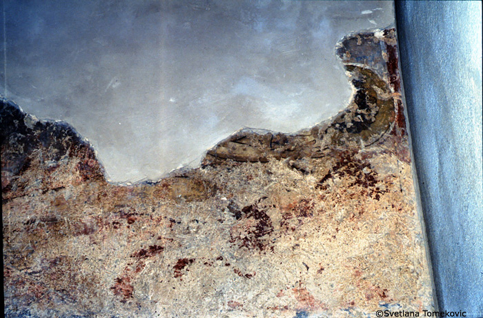 Fresco, south aisle, south wall, west end, scene below and to the right of the first register, below Simon and Jude 