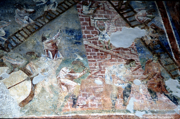 Fresco, central nave, south wall, showing Tower of Babel