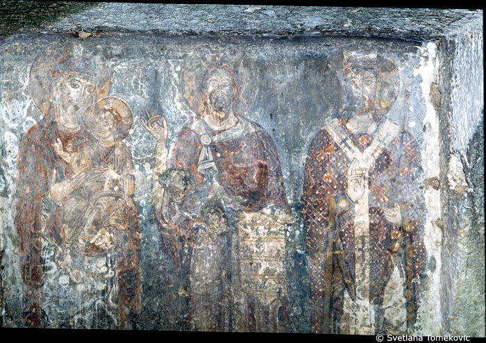 Fresco, south wall, showing  Virgin Mary, John Baptist and Clement of Rome