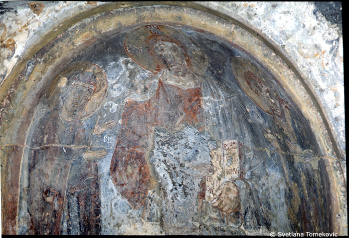 Fresco, below central apse showing three nimbed figures