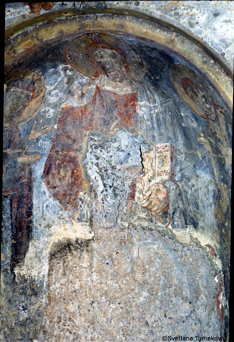 Fresco, below central apse showing three nimbed figures (detail)