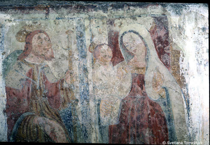 Fresco, west wall showing three nimbed figures (Virgin, Christ Child and nimbed male figure?)