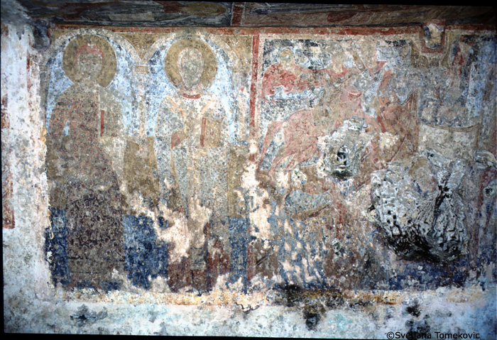 Fresco, south wall, showing Stephen Protomartyr and Sylvester of Rome  and Magi: Journey