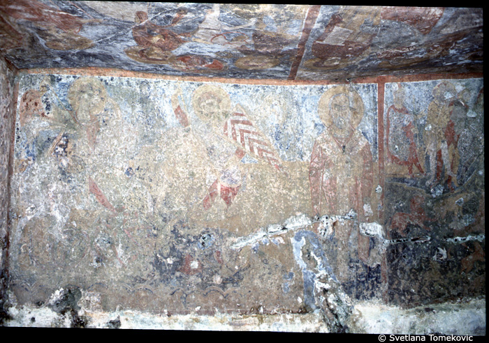 Fresco, west wall showing George of Cappadocia: slaying Dragon