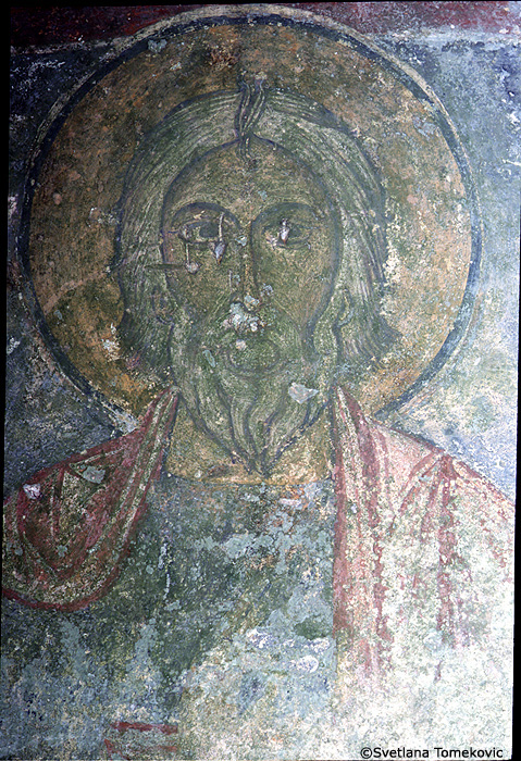 Fresco, north wall to right of entrance showing Apostle, Andrew (detail)