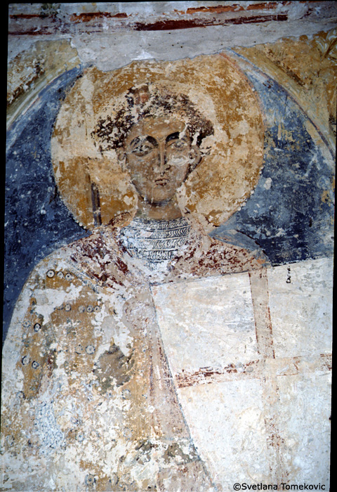 Fresco, south wall, first register, second saint from east end (detail)