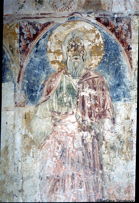 Fresco, south wall, first register, third saint from east end