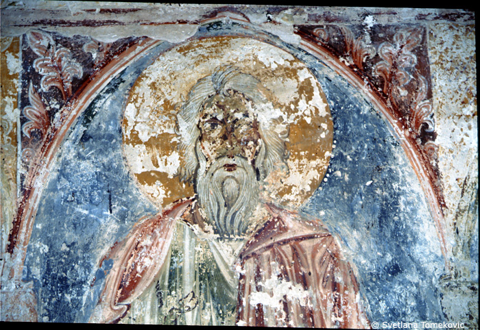 Fresco, south wall, first register, third saint from east end (detail)