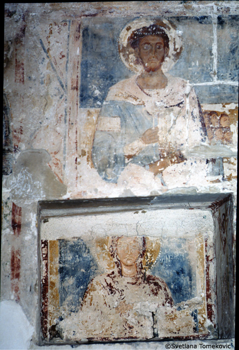 Fresco, south wall, showing sixth saint from the east end, and saint below in niche