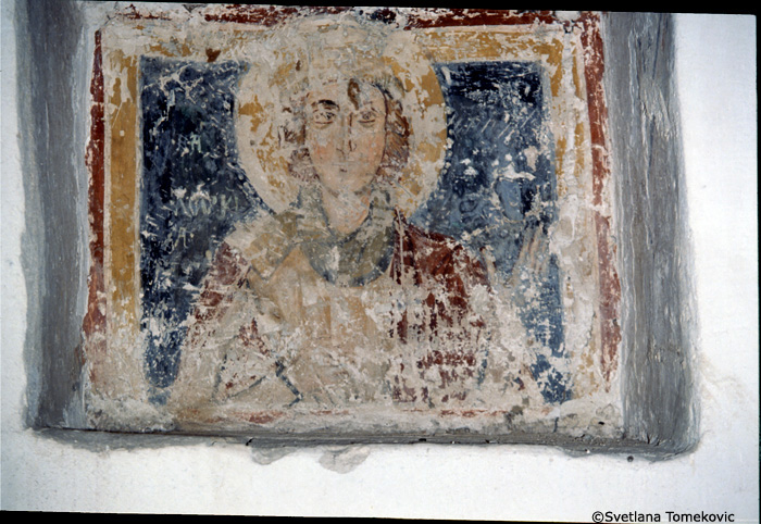 Fresco, north wall, niche on west end, showing saint? (detail)