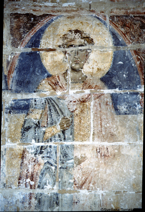 Fresco, north wall, east corner, showing first saint from the east (fourth saint from the west) (detail)