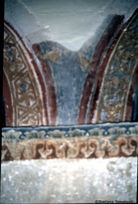 Fresco, nave, central aisle, north wall showing second spandrel from the west