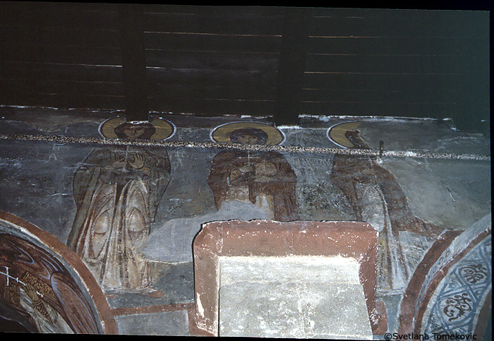 Fresco, south aisle, north wall, showing three female saints