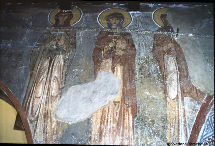 Fresco, south aisle, north wall, showing three female saints