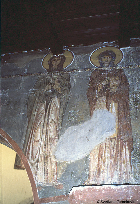 Fresco, south aisle, north wall, showing three female saints