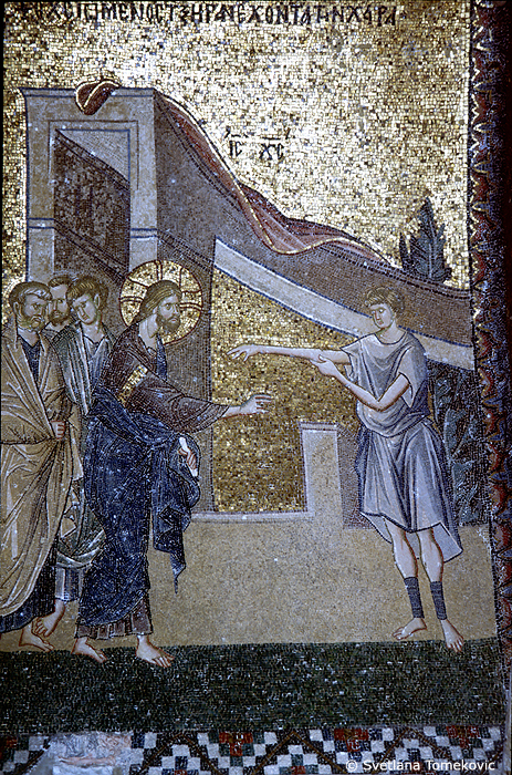 Mosaic, inner narthex, east wall showing Christ: Miracle of healing Man with withered Hand<br>