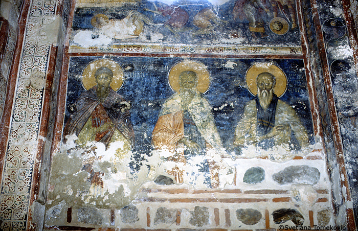 Fresco, narthex, showing three saints, possibly including John Climacus