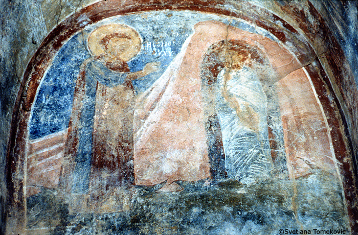 Fresco, possibly showing George of Cappadocia: Scene, besought to raise a Dead Man