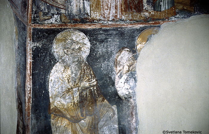 Fresco, showing saints possibly including Pachomius of Egypt and angel